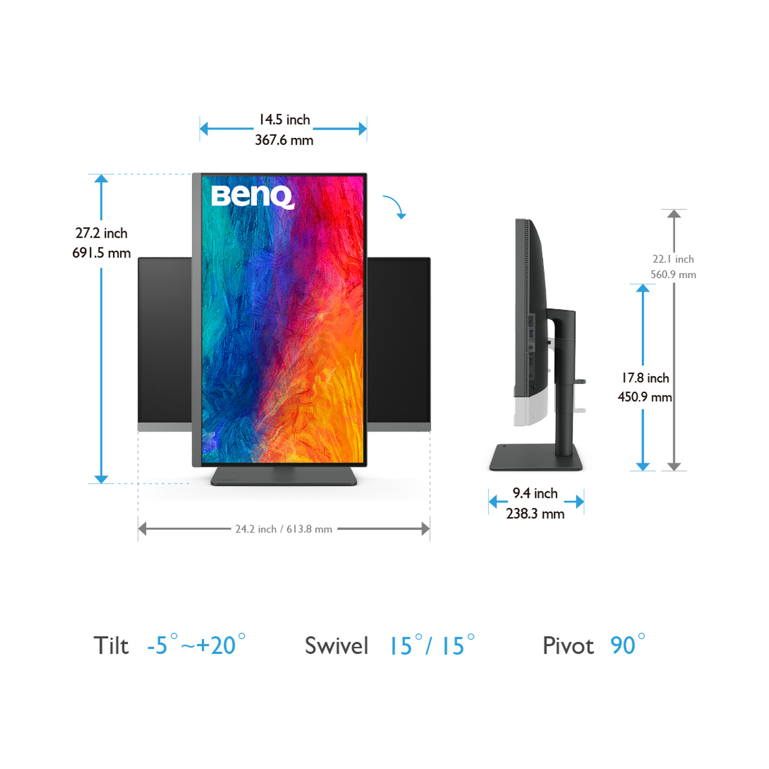 Monitor BenQ con dimensioni e opzioni di regolazione.
