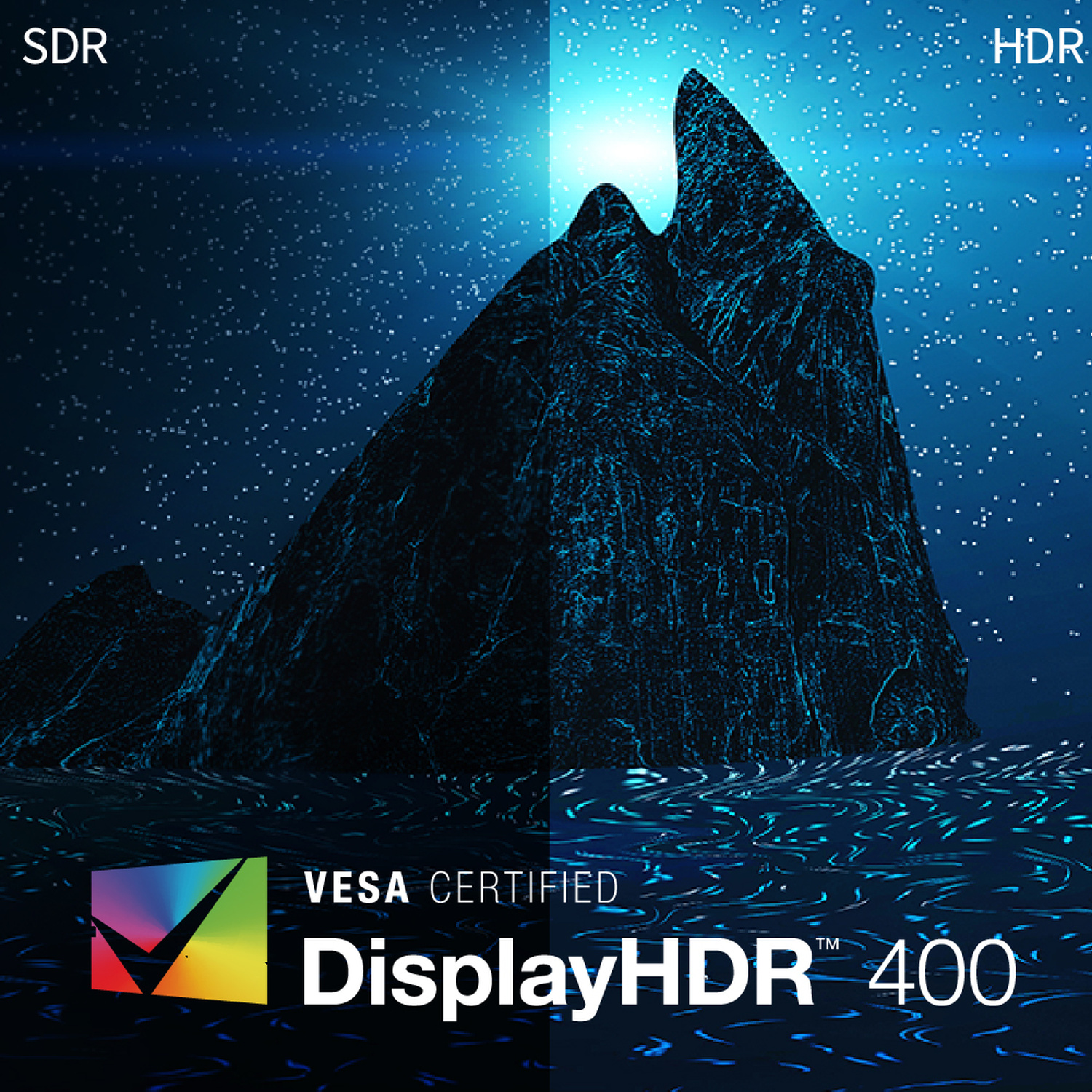 Display SDR vs HDR di una montagna scura con stelle e acqua. Logo VESA DisplayHDR 400.