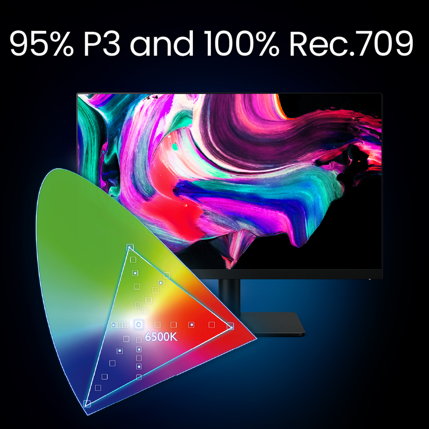 Un monitor mostra un'immagine colorata, accanto una grafica dello spazio colore 6500K.
