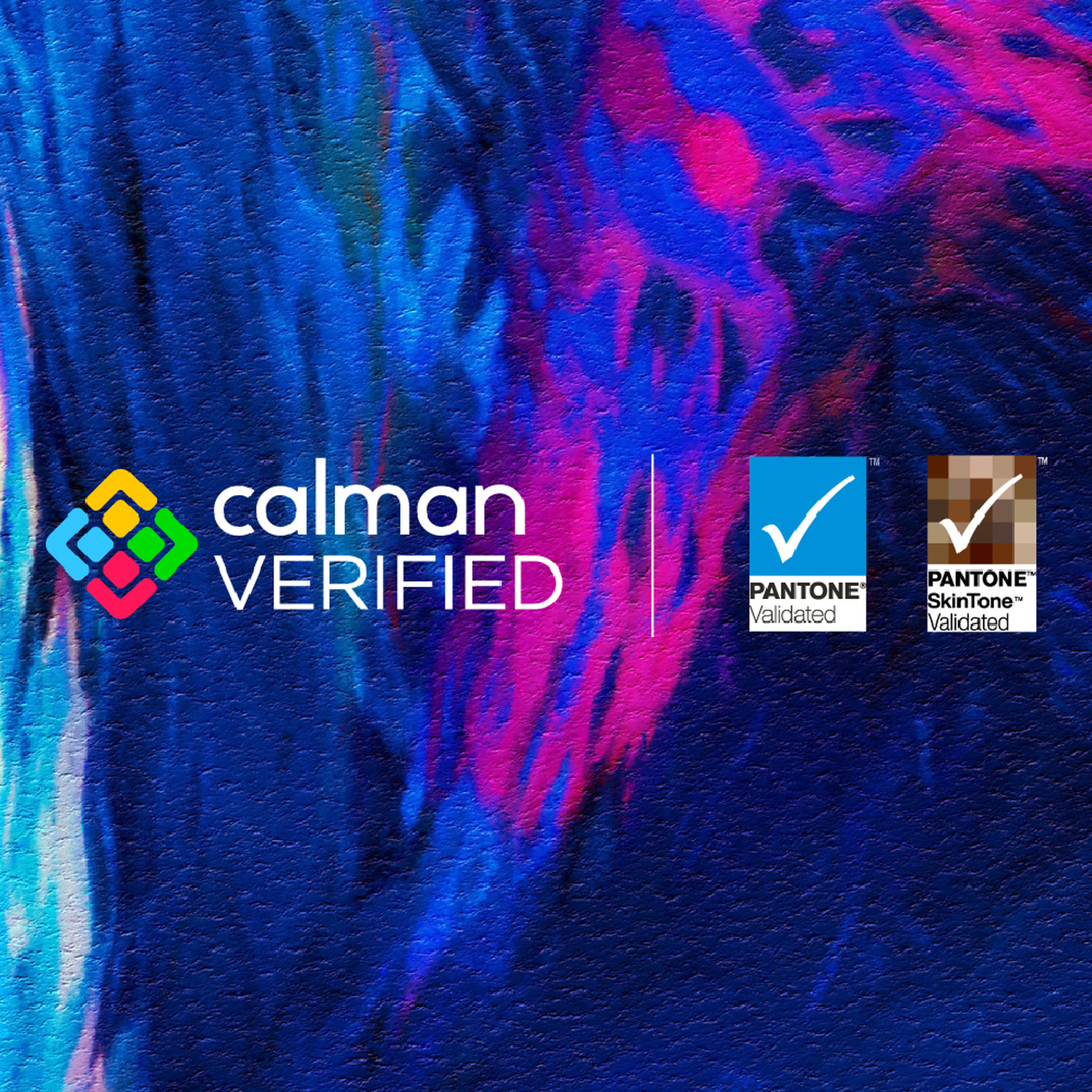 Logo Calman Verified con badge Pantone Validated e SkinTone Validated su sfondo astratto blu e rosa.