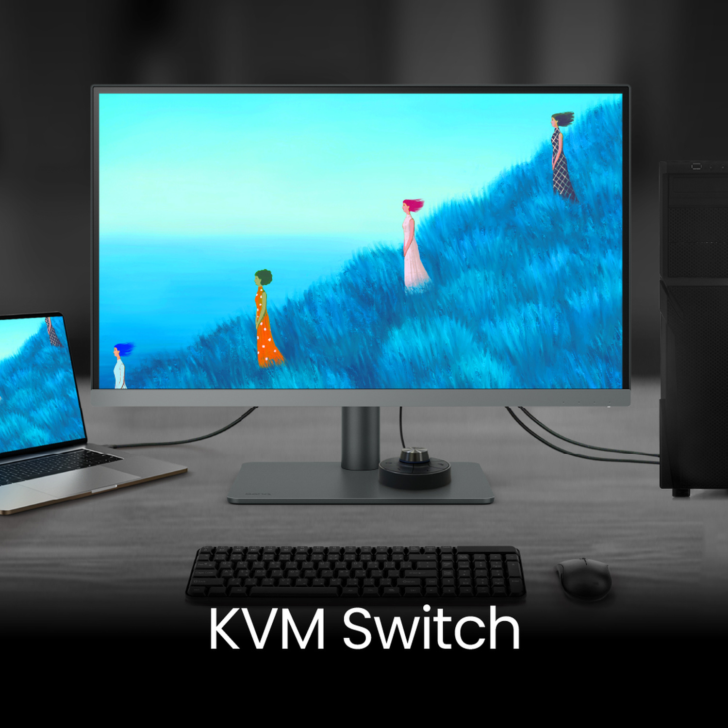 Un KVM switch con laptop, monitor, tastiera e mouse su una superficie scura.