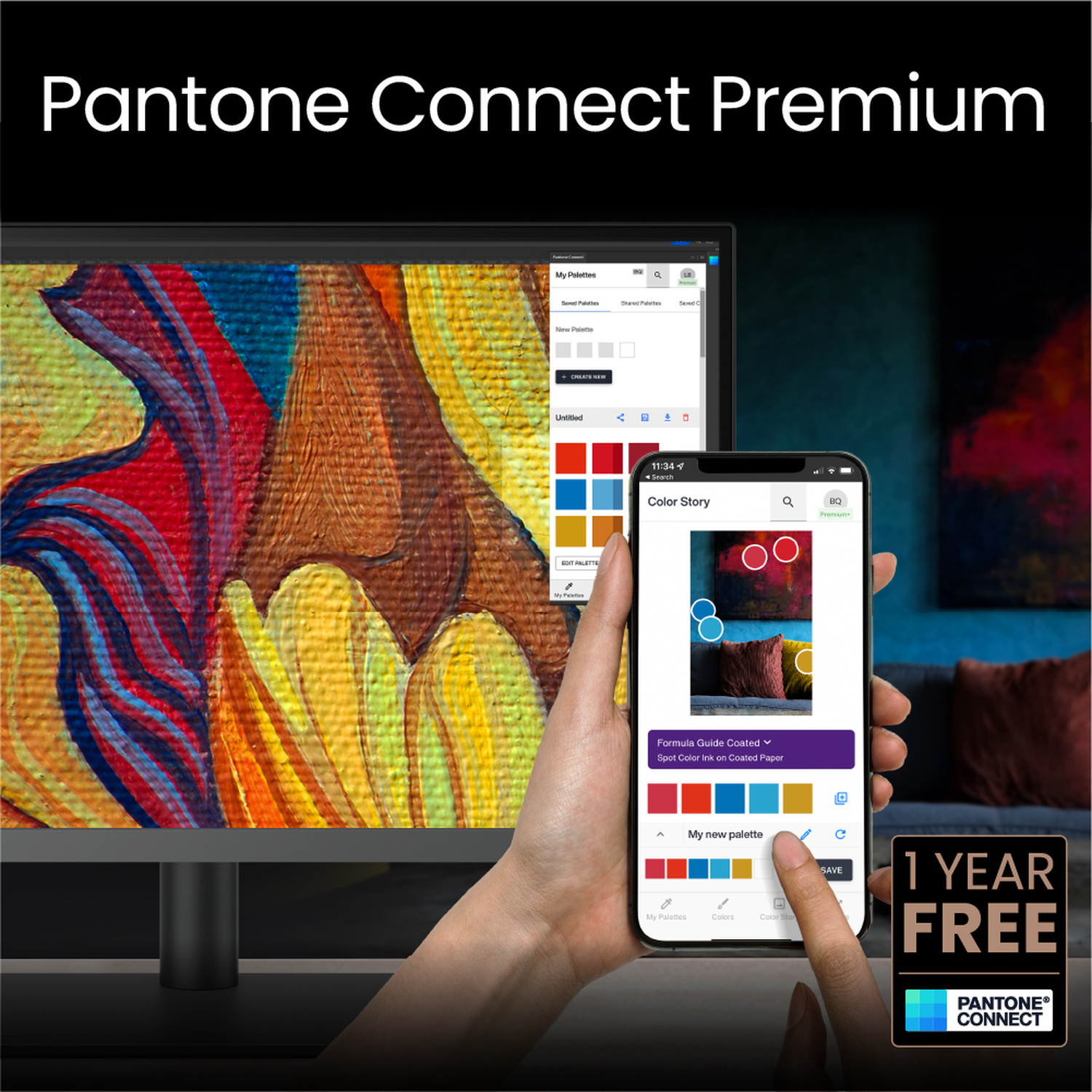 L'app Pantone Connect Premium mostrata su monitor e telefono. Una mano interagisce.