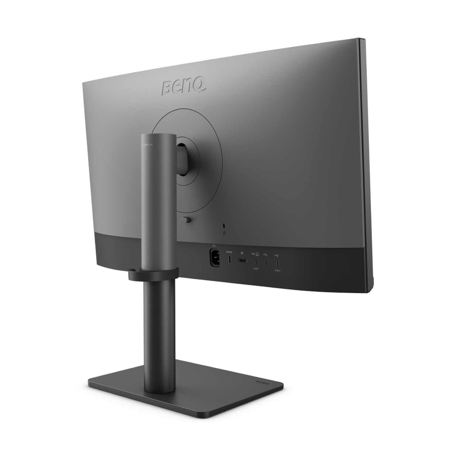 Vista posteriore di un monitor grigio con supporto argentato e porte.