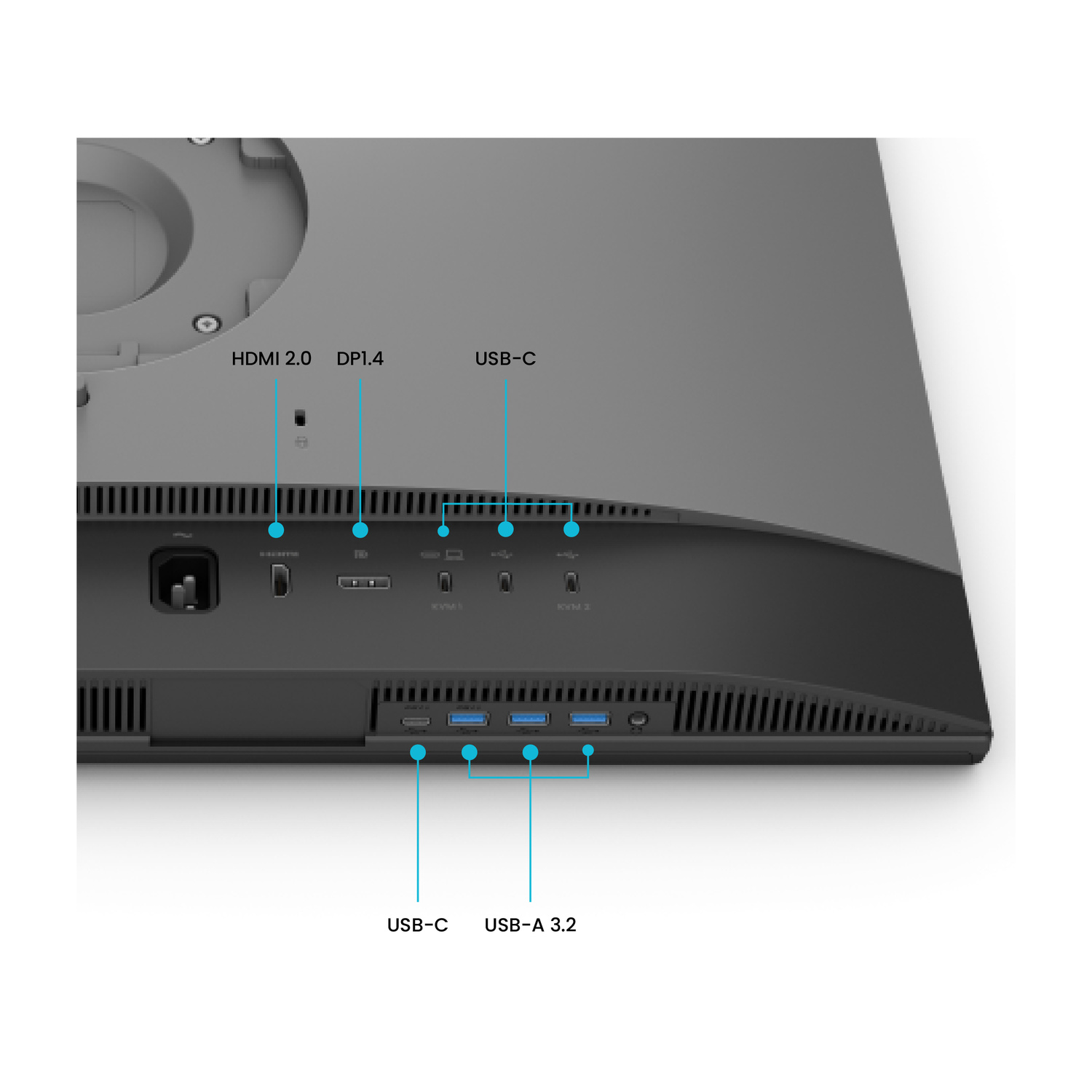 Pannello posteriore di un monitor con porte HDMI, DP, USB-C e USB-A.