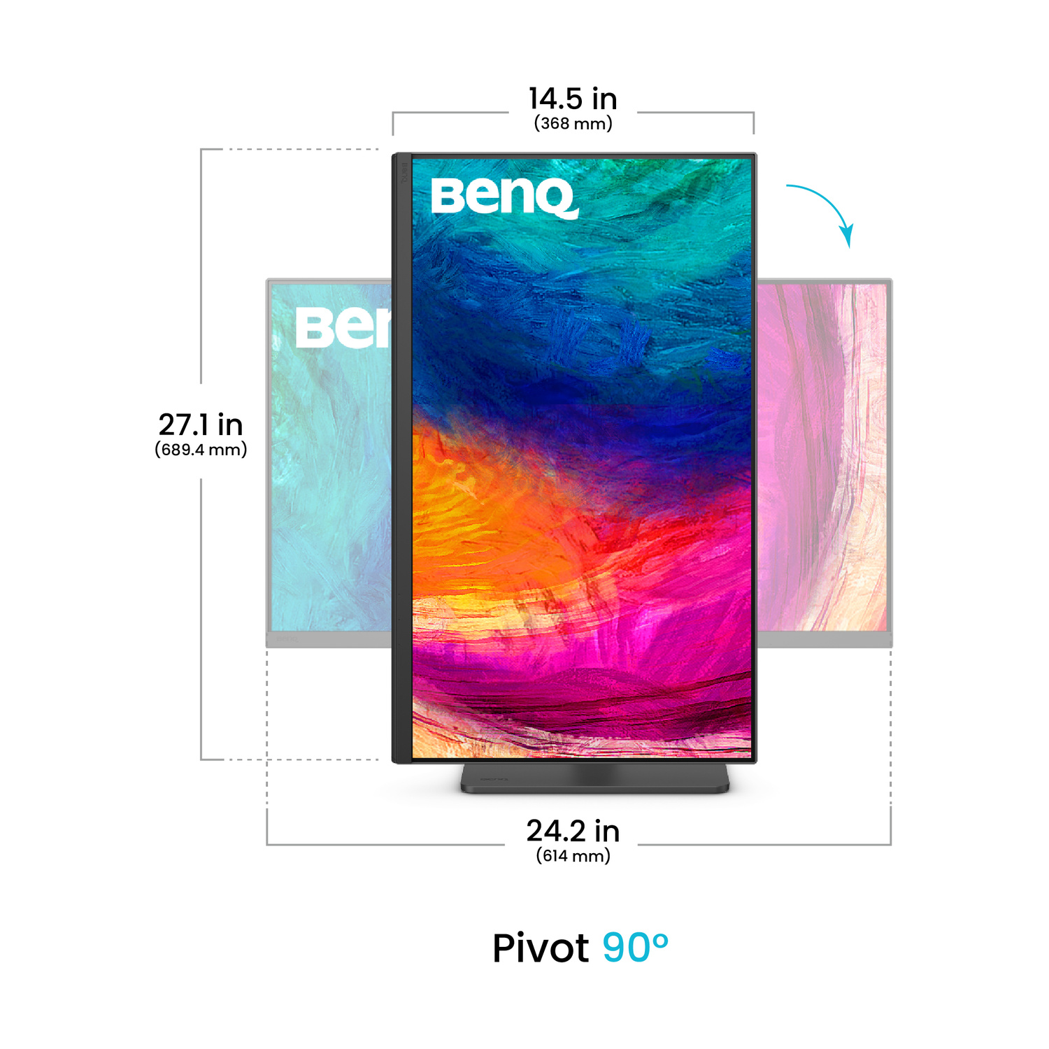 Un monitor BenQ con sfondo astratto e colorato, sono mostrate le dimensioni.