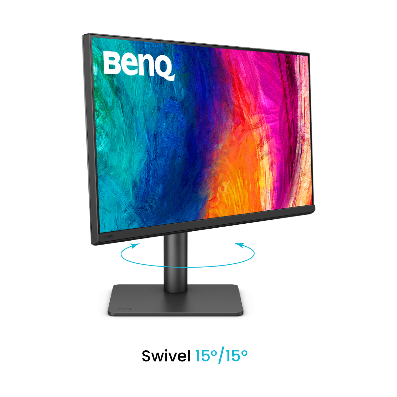 Un monitor BenQ con arte astratta e colorata su un supporto nero.