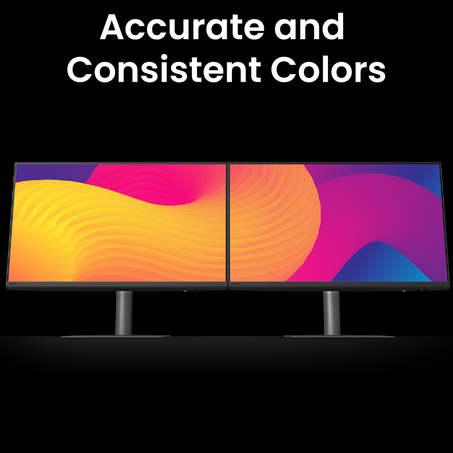 Due monitor con grafica astratta e colorata su sfondo nero.