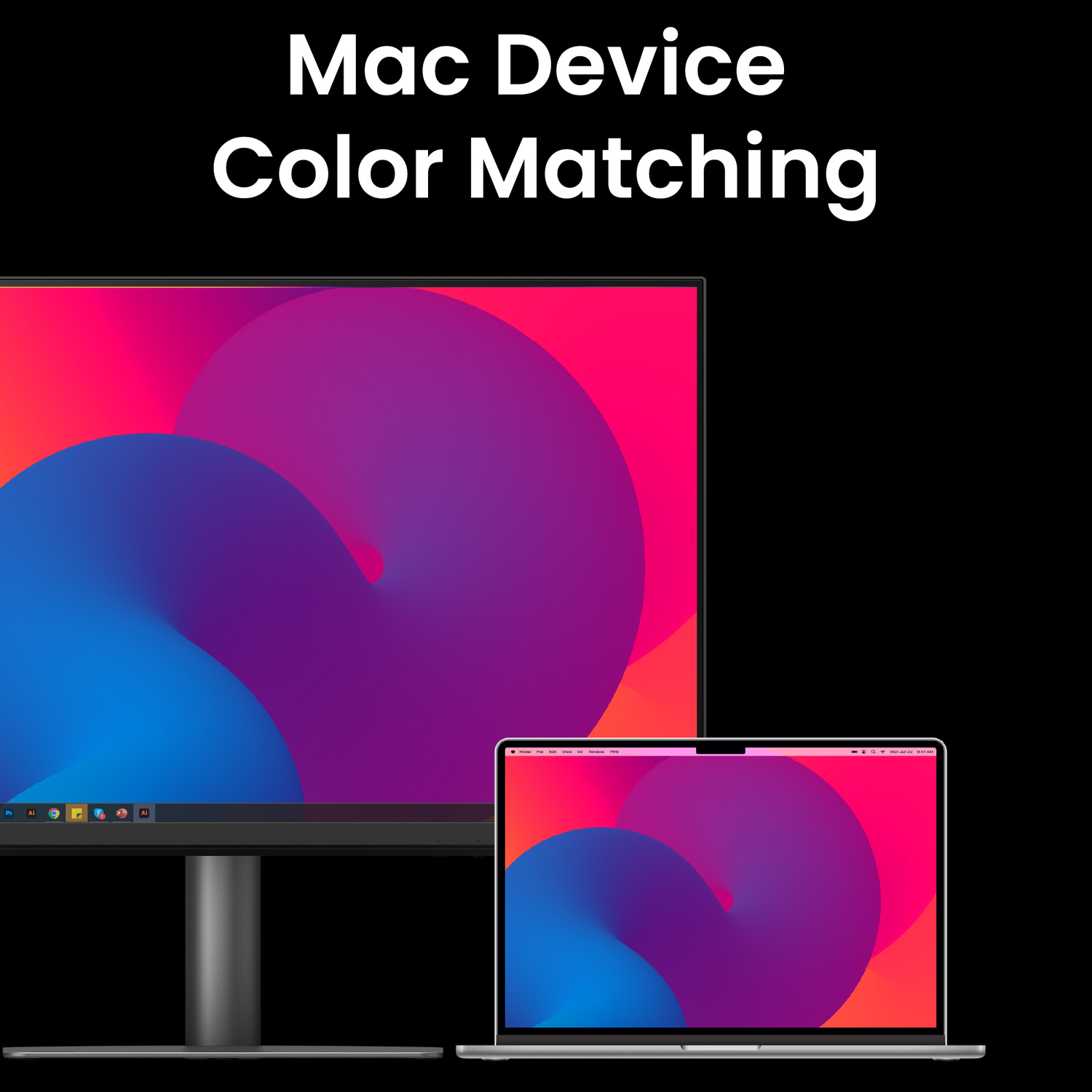 Un laptop e un monitor Mac mostrano design astratti identici in rosa, viola e blu.