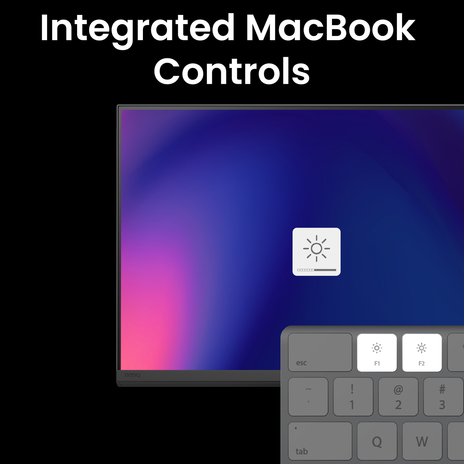 Una sovrapposizione della tastiera MacBook mostra i controlli di luminosità.