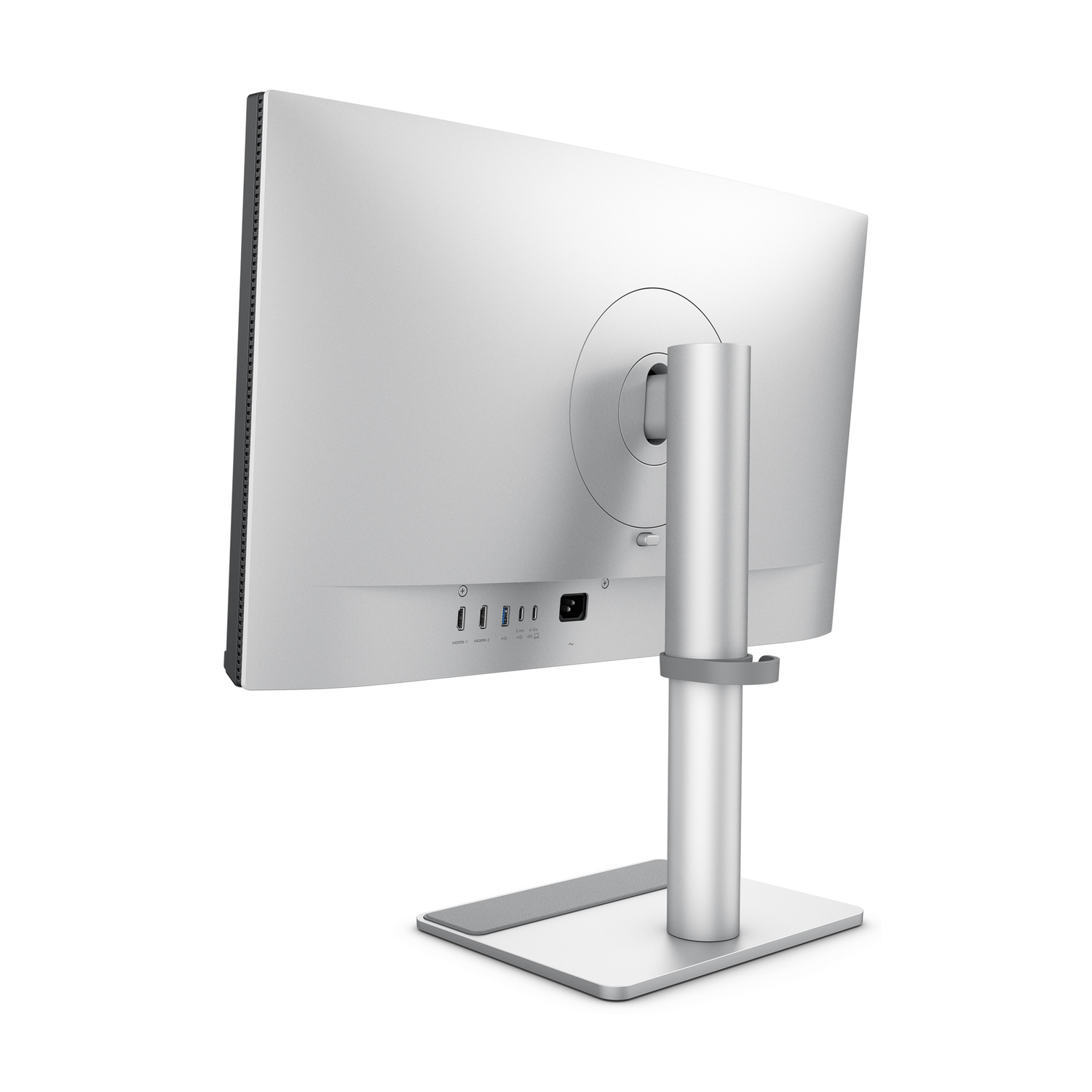 Vista posteriore di un monitor argentato con porte e supporto regolabile.