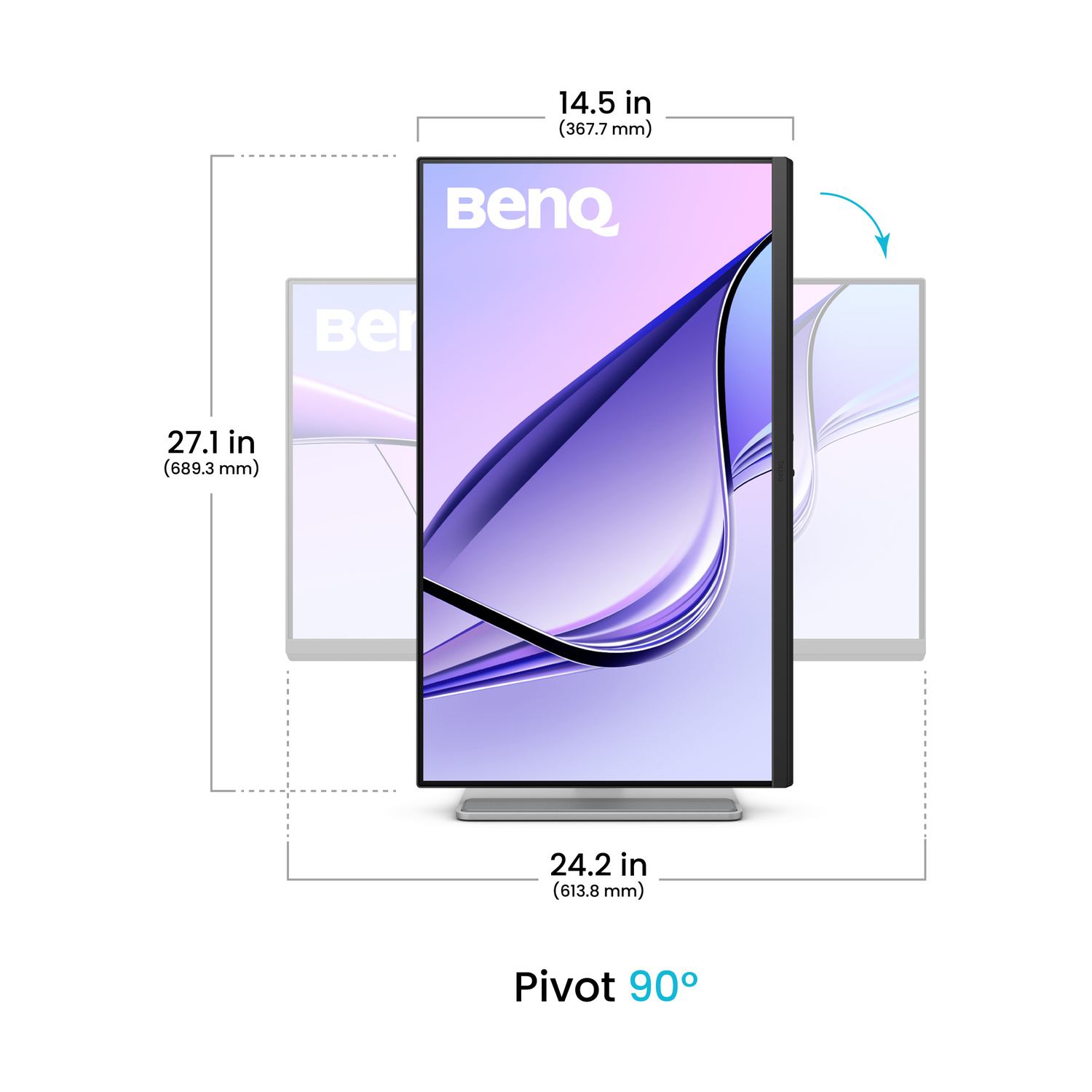 Un monitor BenQ verticale con dimensioni e indicatore di perno.