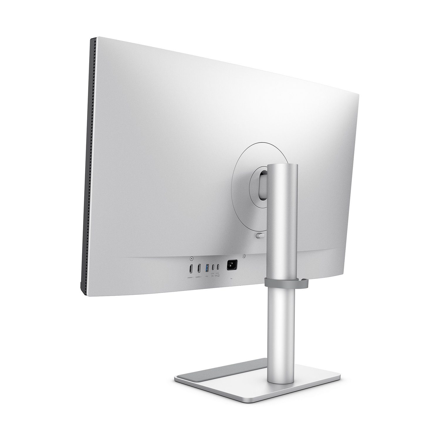 Vista posteriore di un monitor argentato con porte e base argentata.
