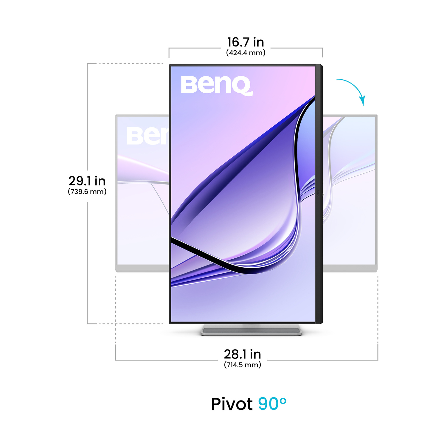 Un monitor BenQ verticale che mostra dimensioni 29,1 pollici di altezza e 16,7 di larghezza.