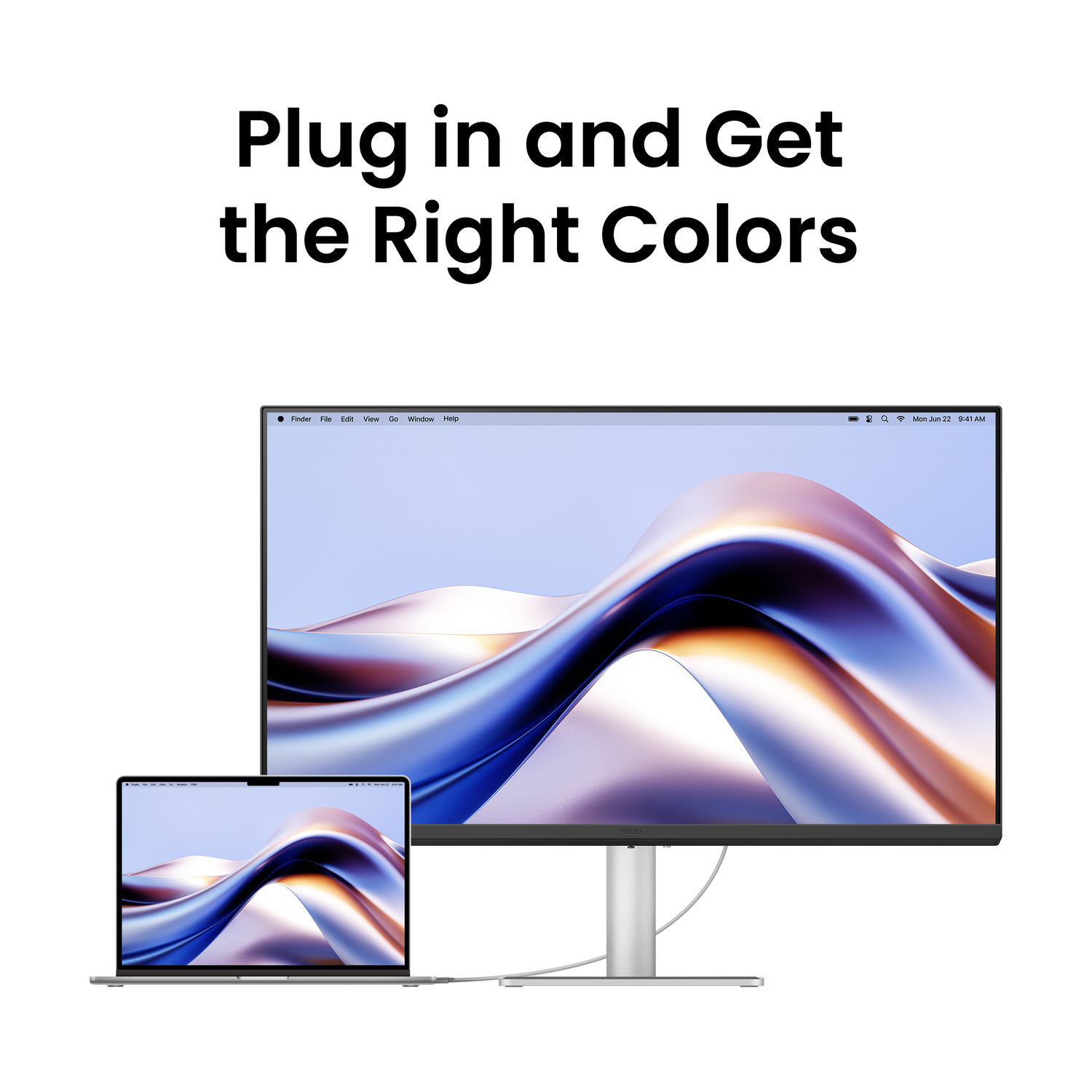 Un laptop e un monitor mostrano grafiche astratte e ondulate. Testo: Plug in and Get the Right Colors.
