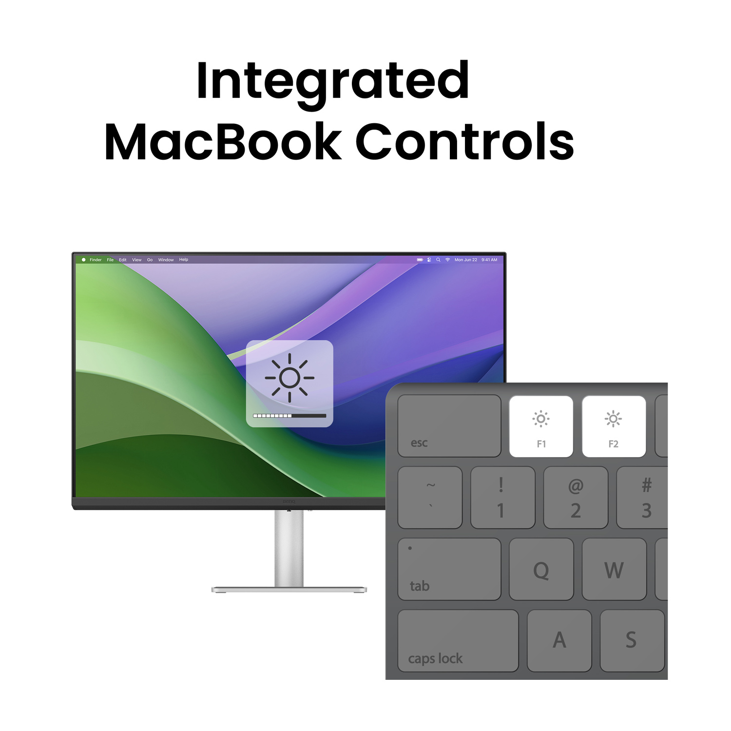 Uno schermo e una tastiera MacBook che mostrano i controlli della luminosità.