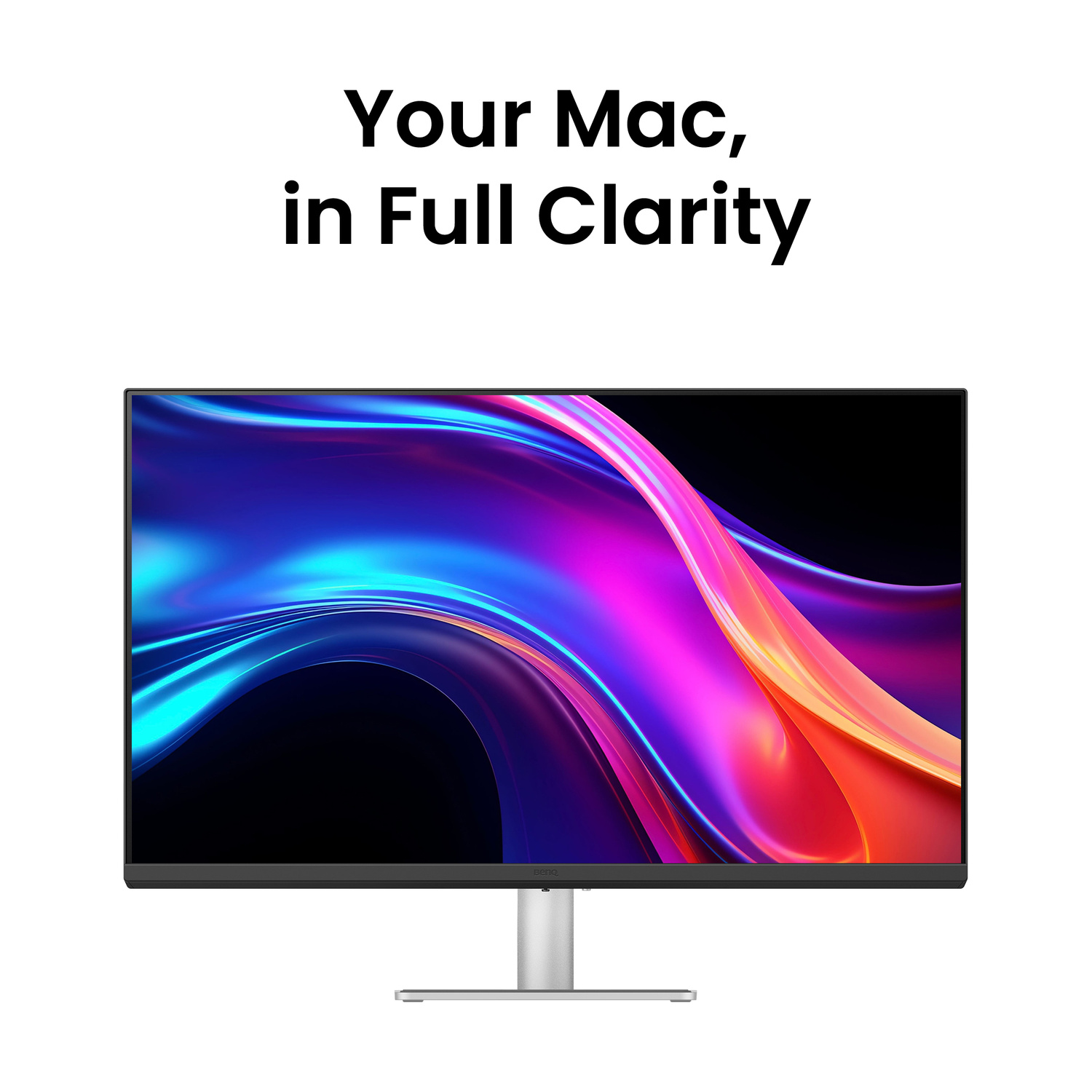 Un monitor moderno con uno sfondo astratto colorato. Il testo recita "Your Mac, in Full Clarity".
