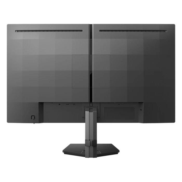 Vista trasera de un monitor negro mostrando puertos y ranuras de ventilación.