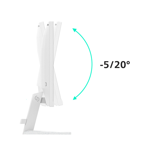 Se muestra un monitor blanco sobre un soporte, con un ángulo de -5/20 grados.