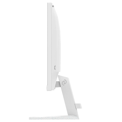 Un monitor de computadora blanco con un soporte delgado, visto de lado.