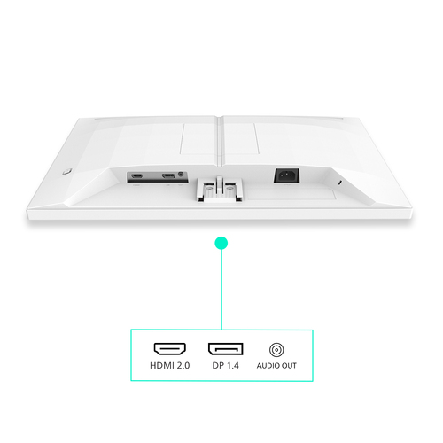 Parte trasera de un monitor blanco mostrando puertos: HDMI 2.0, DP 1.4, Salida de audio.
