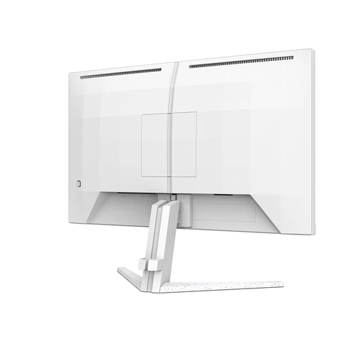 Reverso de monitor blanco con soporte y ranuras de ventilación.