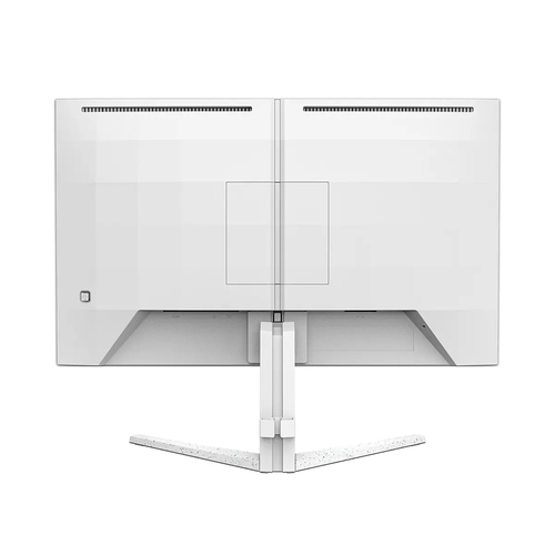 Vista trasera de un monitor blanco de doble pantalla con un soporte de tres patas.