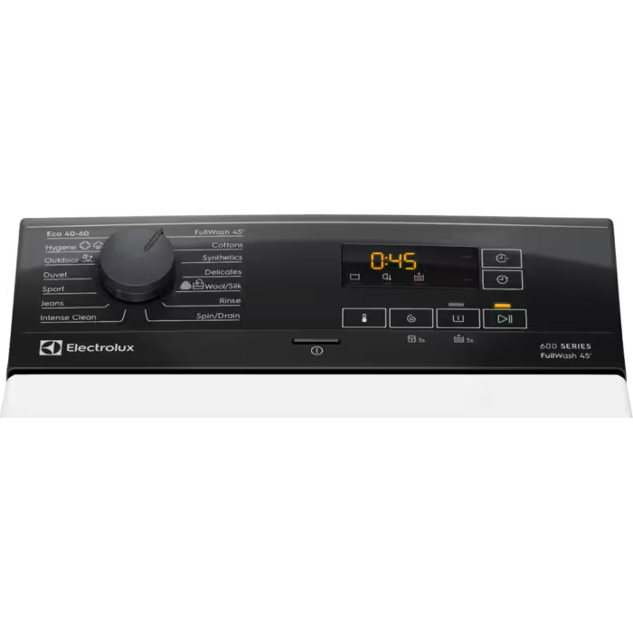 Electrolux mosógép kezelőpanel digitális kijelzővel, amely 0:45-öt mutat.