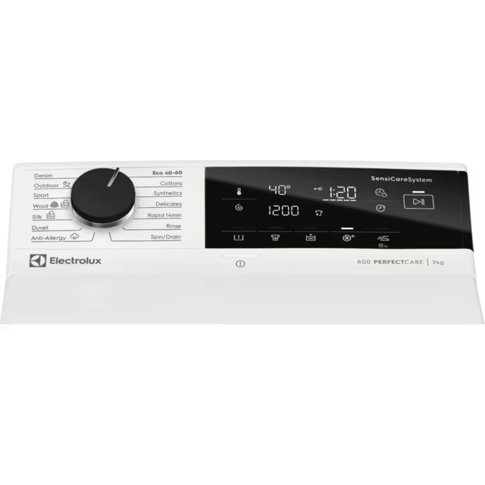 Egy fehér Electrolux mosógép kezelőpanell programokkal és digitális kijelzővel.