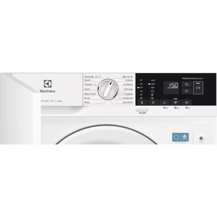 Egy fehér Electrolux mosógép kezelőpanel programválasztóval és digitális kijelzővel.