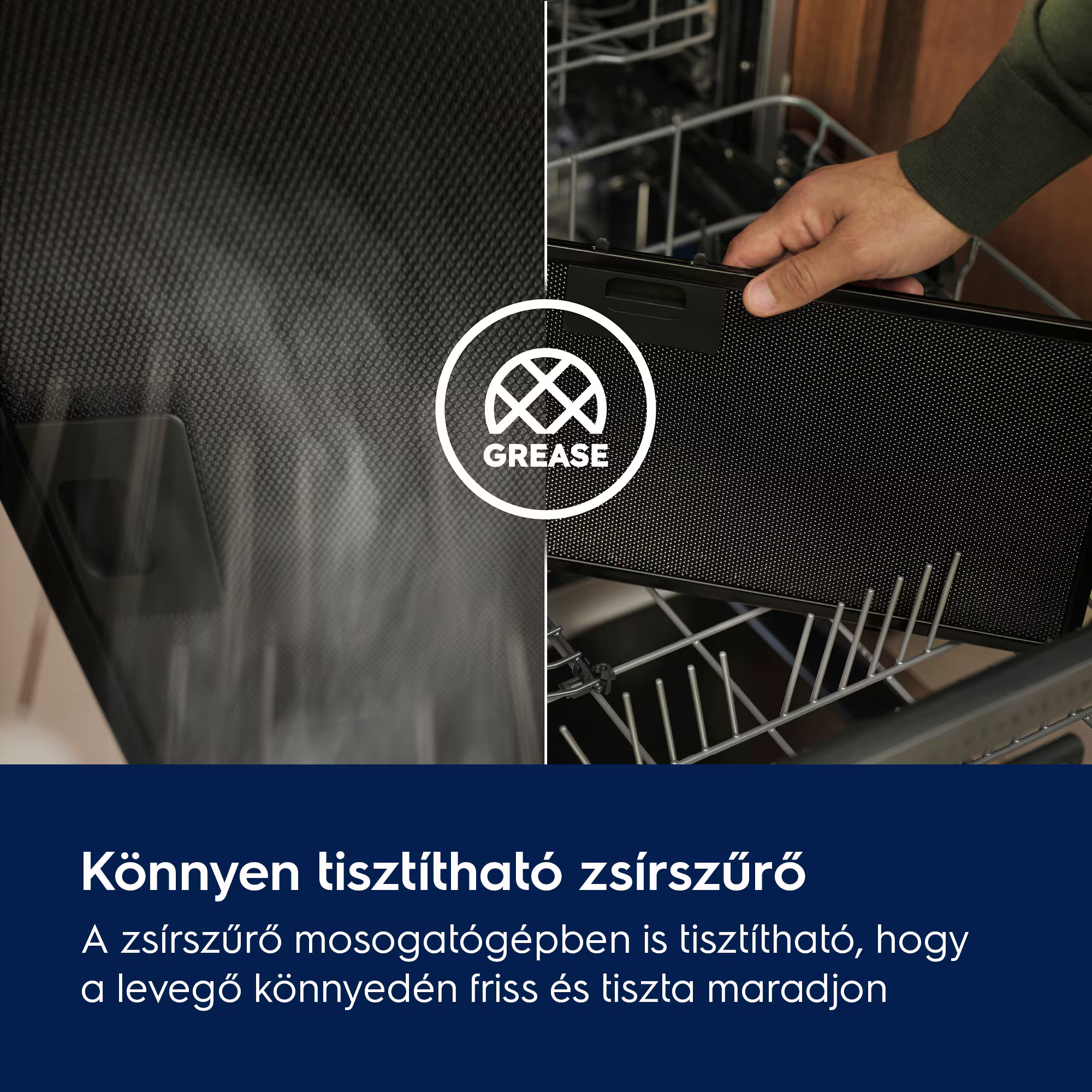 Egy férfi eltávolít egy zsírszűrőt egy mosogatógépből.