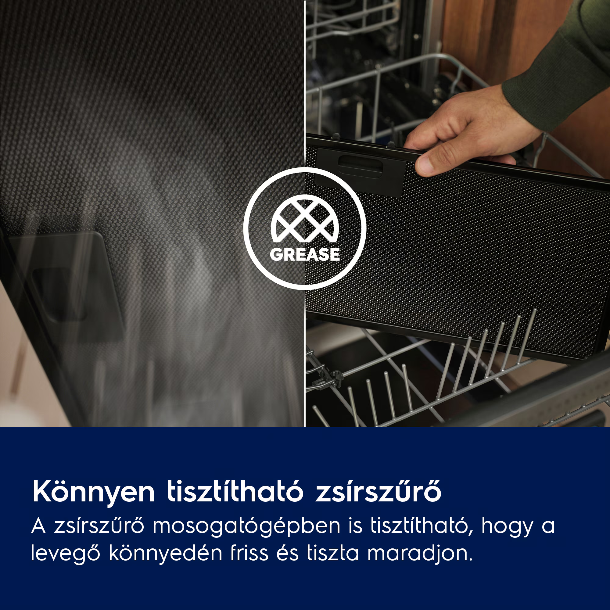 Férfi zsírszűrőt tart, balra gőz látható.