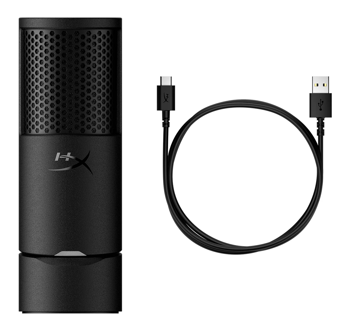Czarny mikrofon z kablem USB-C do USB-A na białym tle.