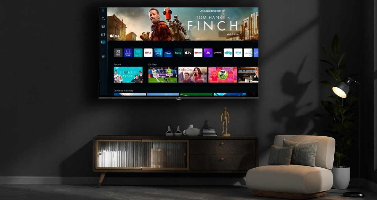 Telewizor wyświetla stronę główną aplikacji streamingowej z filmami i serialami.