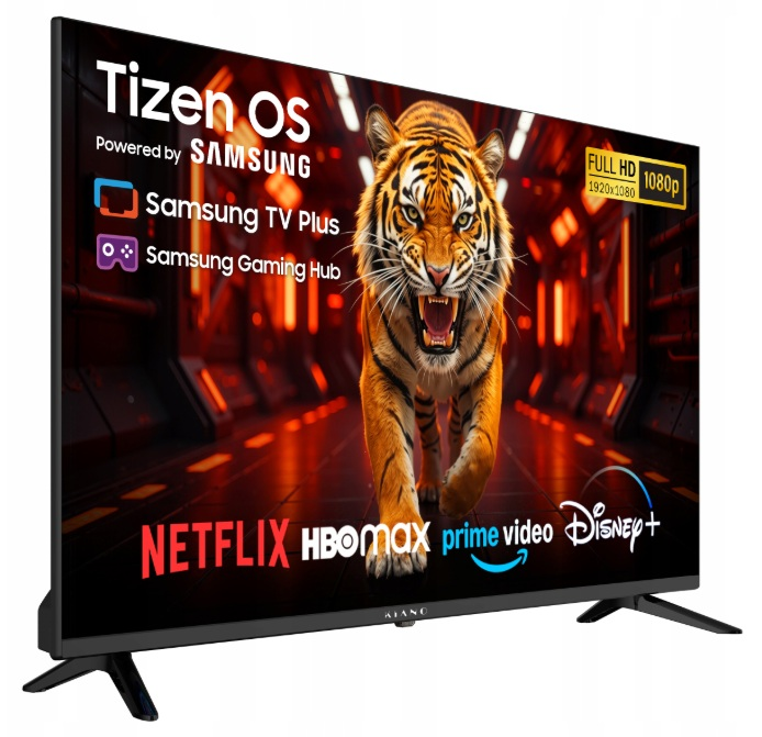 Telewizor Samsung z Tizen OS wyświetla tygrysa, poniżej loga serwisów streamingowych.