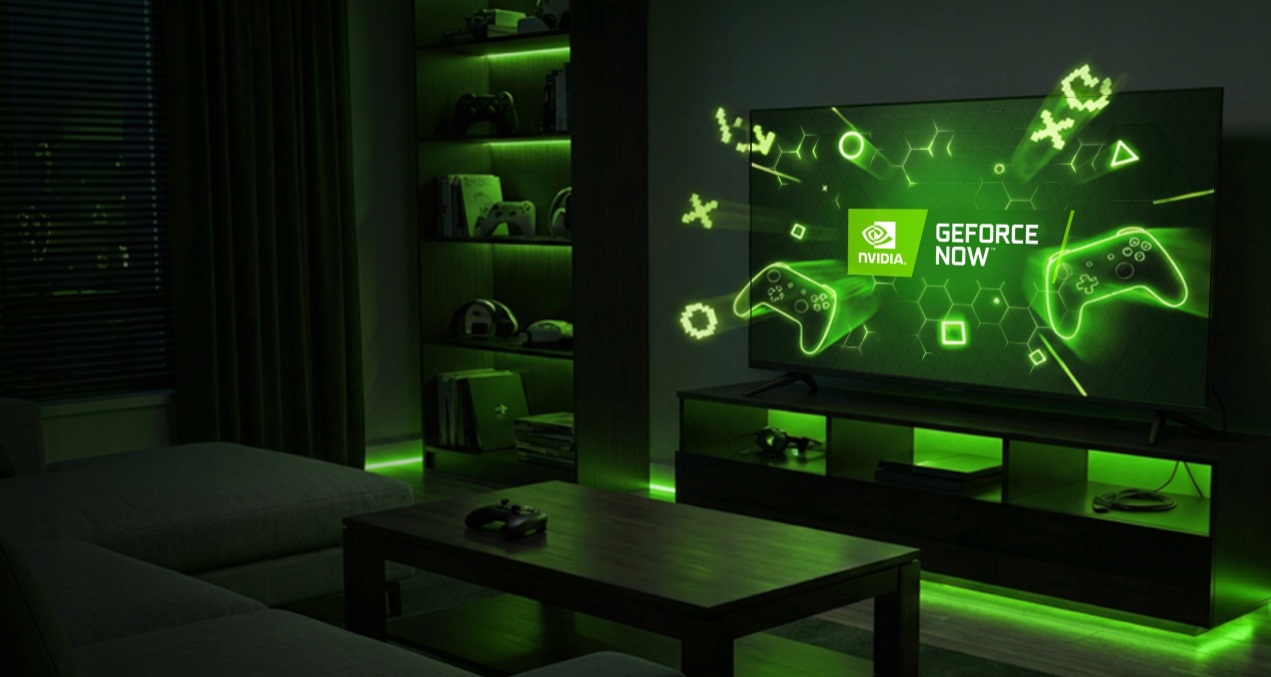 Ciemny pokój z zielonymi neonami, z telewizorem pokazującym GeForce Now i kontrolery gier.
