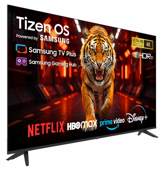 Telewizor Samsung z Tizen OS, pokazuje tygrysa, Netflix, HBO Max, Prime Video, Disney+.