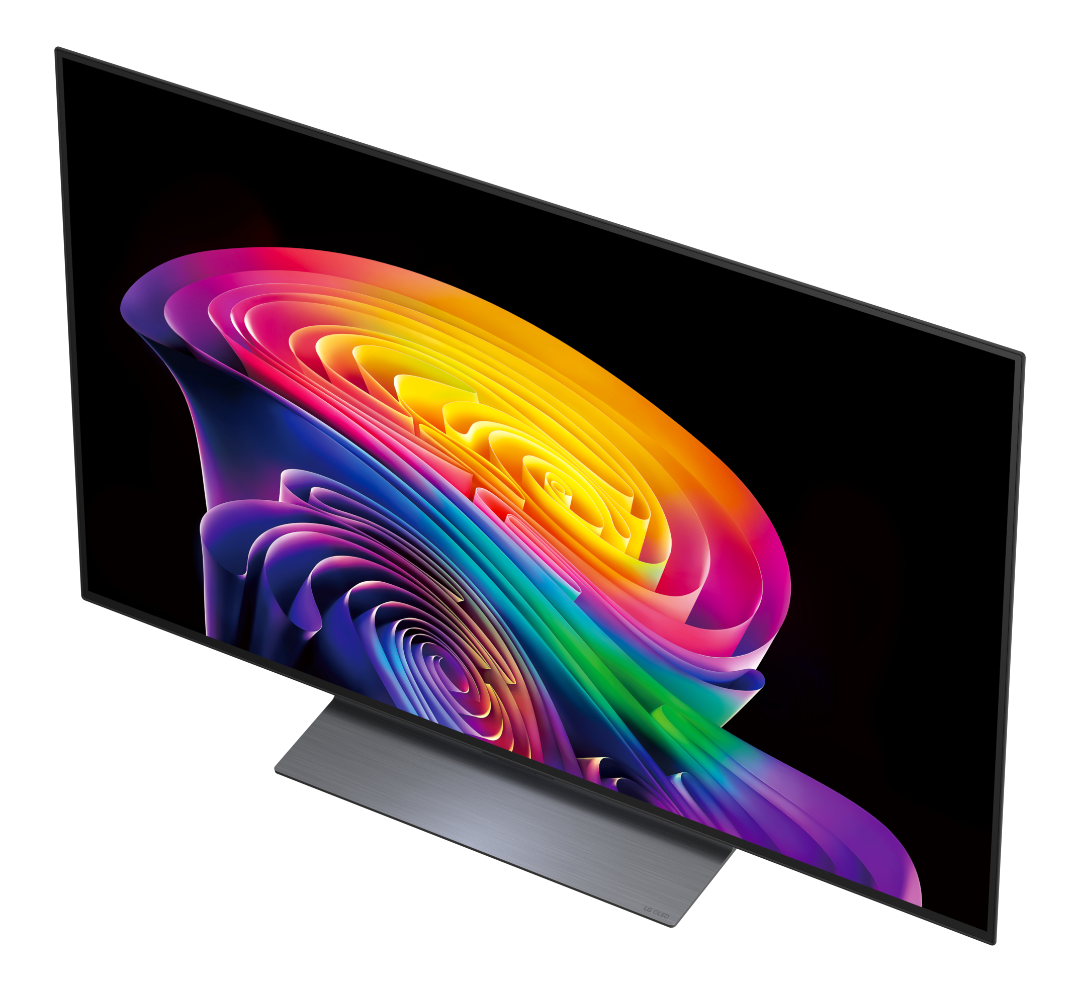Nowoczesny telewizor z abstrakcyjnym, kolorowym obrazem na ciemnym tle.