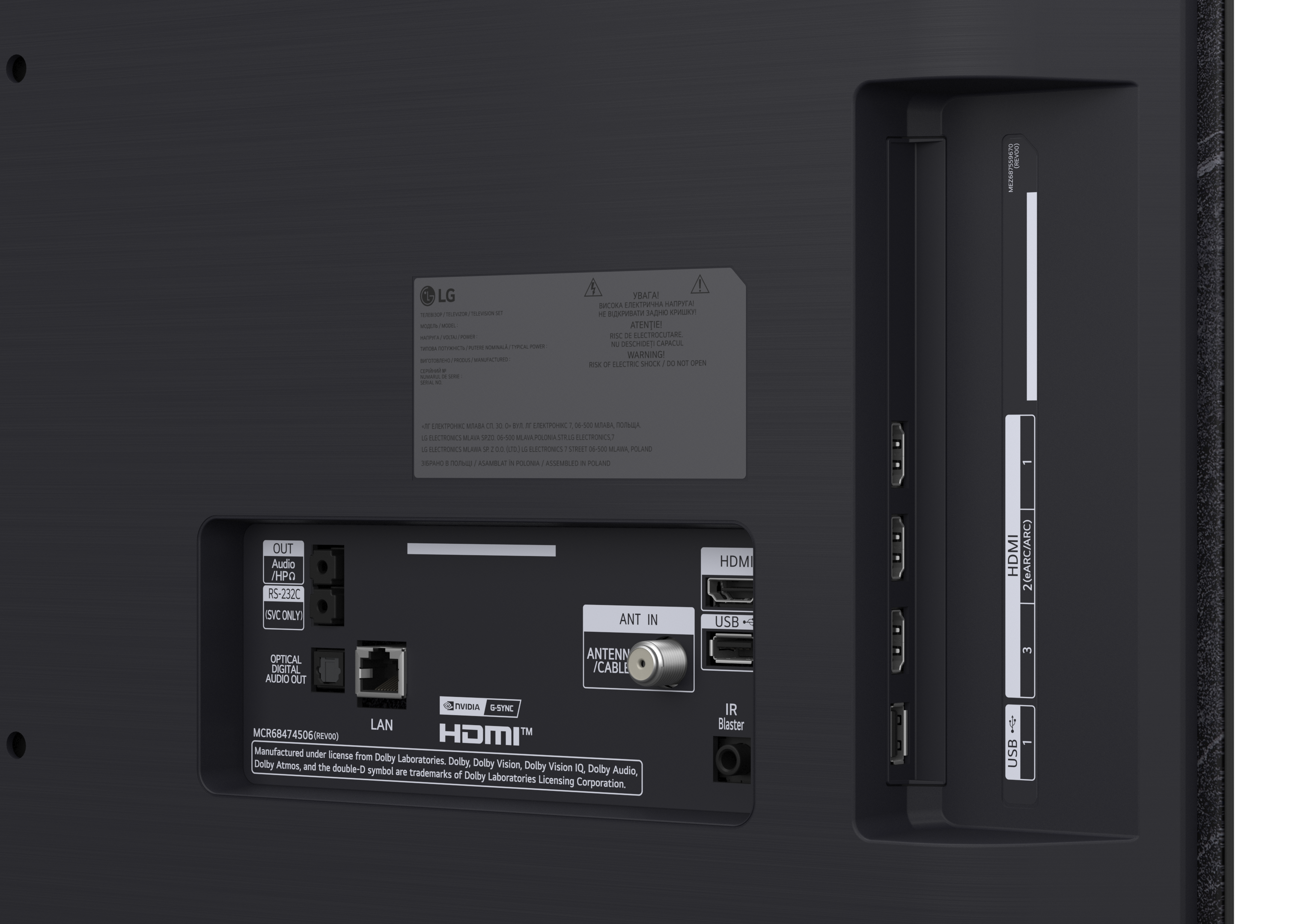 Tył telewizora z portami: Audio, RS-232C, Optyczny, LAN, HDMI, USB i wejście antenowe.