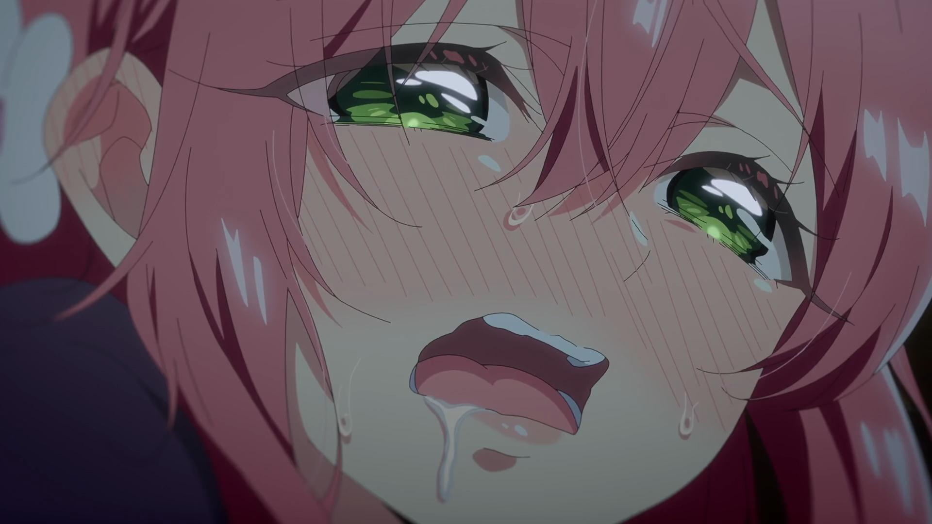 Anime-Mädchen mit rosa Haaren und grünen Augen weint, Schweiß auf der Stirn.