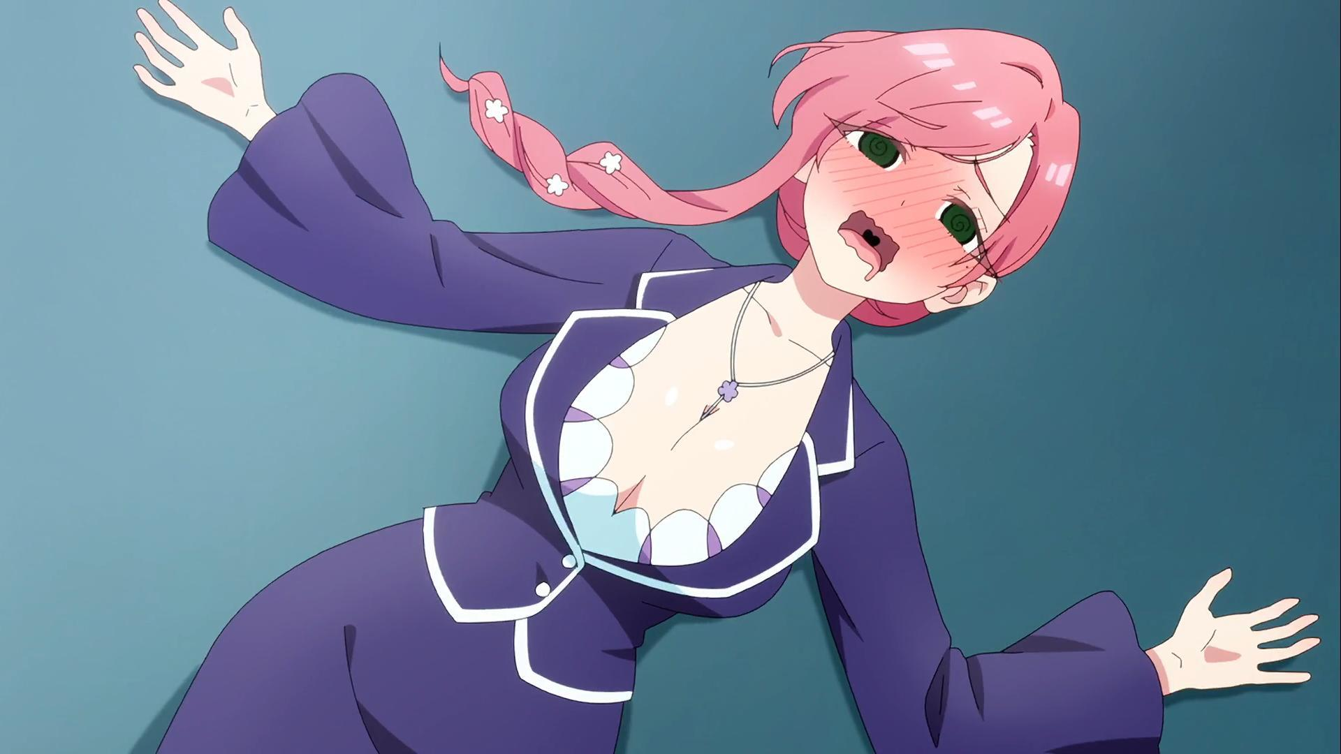 Eine Anime-Figur mit rosa Haaren liegt auf dem Rücken, gekleidet in eine violette Jacke.