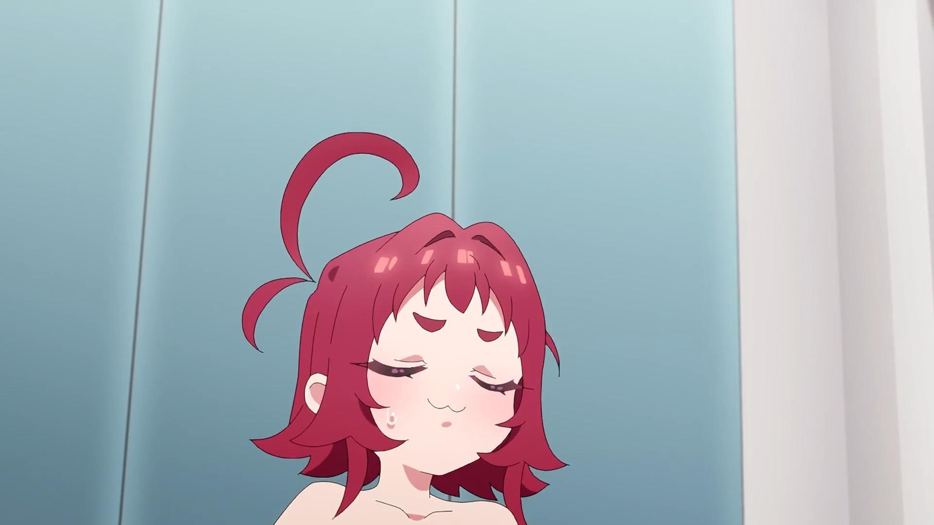 Ein Anime-Mädchen mit roten Haaren und geschlossenen Augen seufzt.