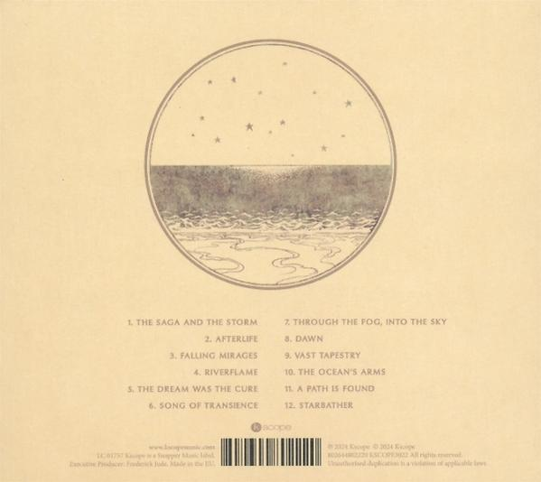 Eine kreisförmige Illustration mit Sternen, Himmel, Meer und Wellen. Trackliste ist unten.