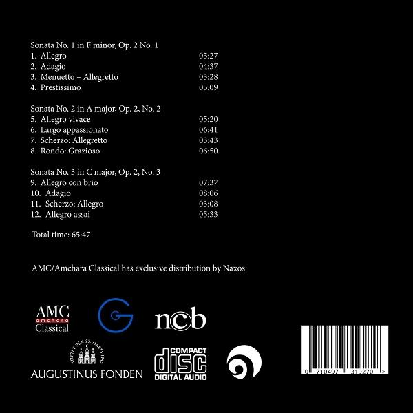 Klassik-CD-Rückseite: Trackliste, Laufzeit, Logos von AMC, Naxos, G, NCB, Augustinus Fonden.