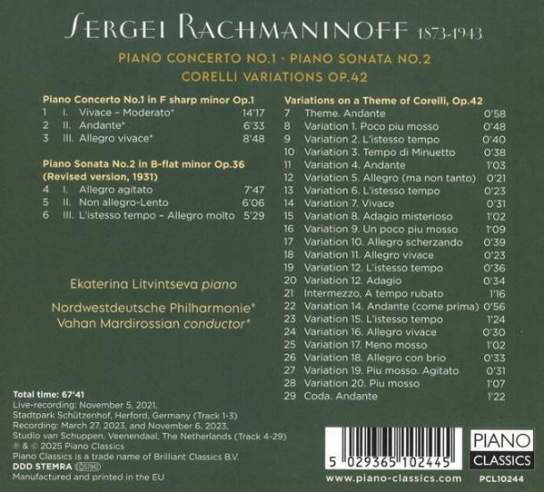 Albumcover mit Titel von Rachmaninoff, Werken, Pianisten und Orchesternamen.