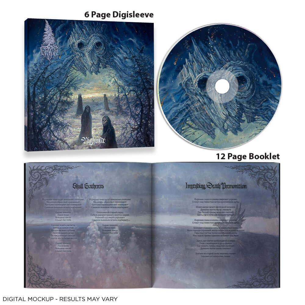 Ein Digisleeve, eine CD und ein geöffnetes Booklet mit unheimlicher Kunst.