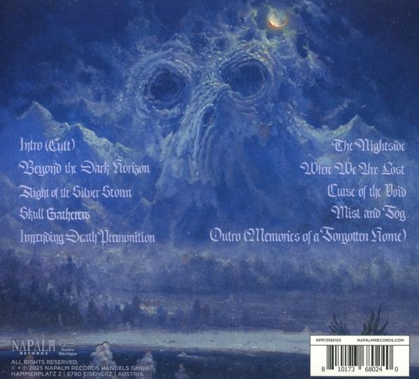 Eine dunkle, stürmische Landschaft mit einem Schädelmotiv und Songtiteln.