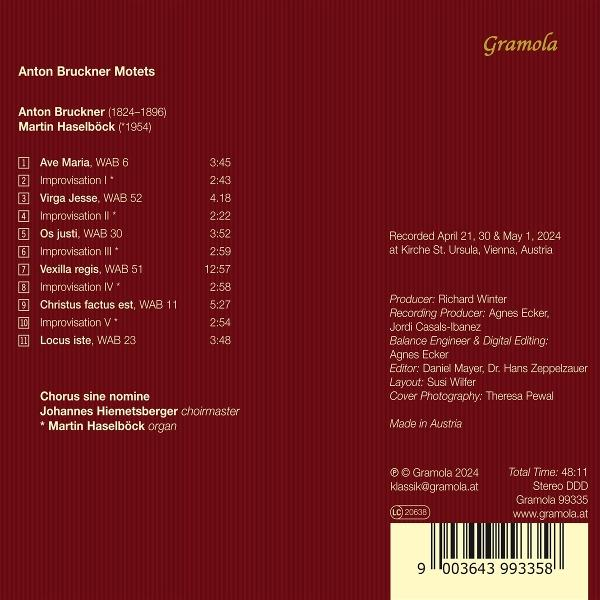CD-Cover mit Titelliste und Produktionsdetails für Anton Bruckner Motets.