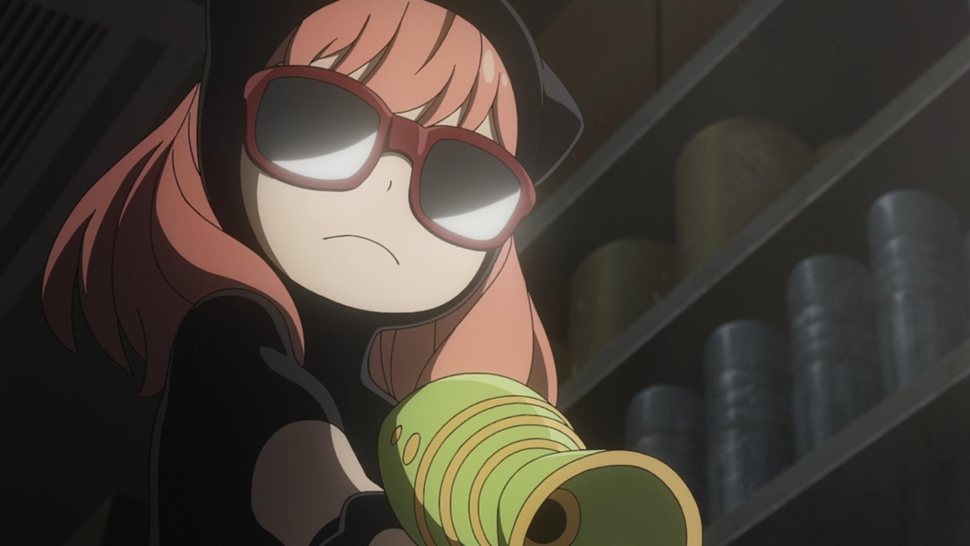 Ein Mädchen mit rosa Haaren und Sonnenbrille hält eine grüne Waffe.