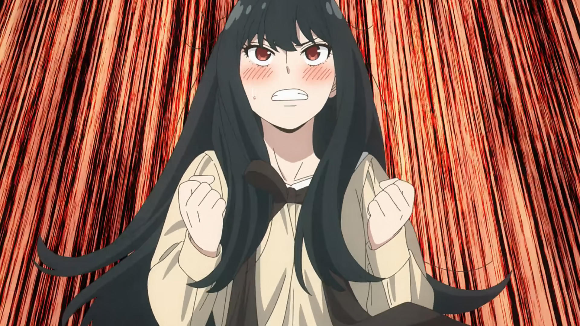 Anime-Mädchen mit schwarzen Haaren, roten Augen, blassem Gesicht und geballten Fäusten.