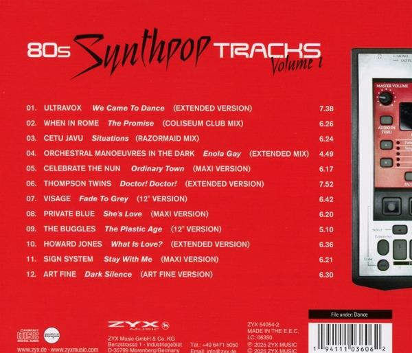 Rote CD-Hülle mit Songliste für 80er Synthpop Tracks und einem roten Musik-Synthesizer.